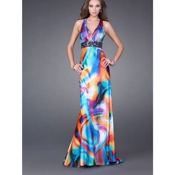 La Femme Paris Satin Sequin Molt-ColorFormal Long Gown 6
